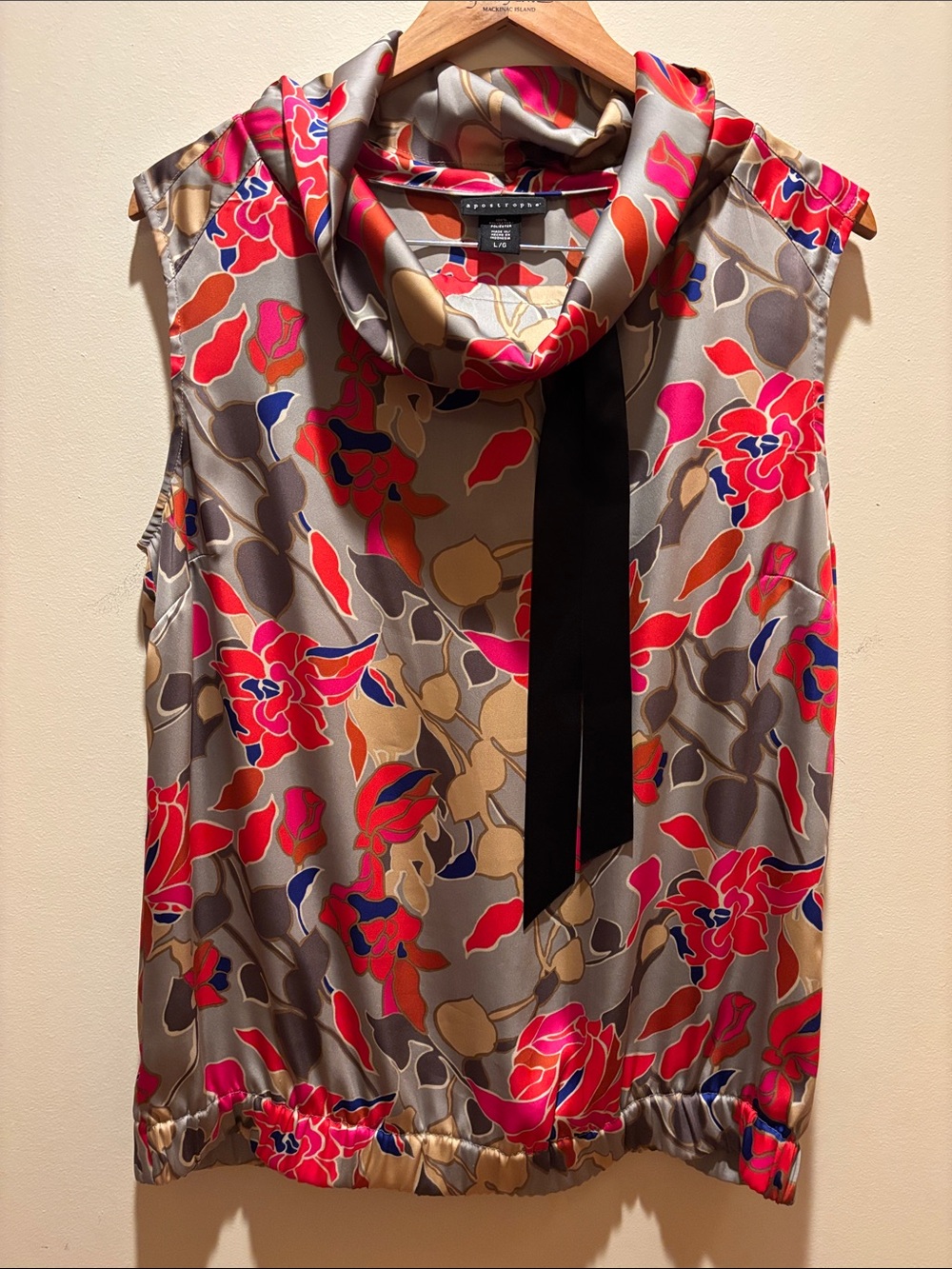 Apostrophe Sleeveless Floral Scarf-Neck Blouse - Gray, Pink, Red, Blue